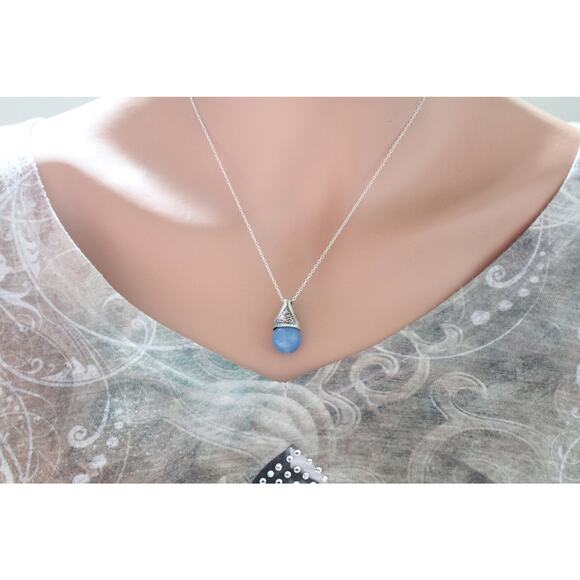 Sterling Silver Simulated Blue Pearl Bead Tear Dropped Shaped Charm Necklace - Picture 1 of 5